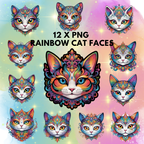 12 PNG Rainbow Cat Faces | Mystical Cat Clipart | Fantasy Cat Digital Art