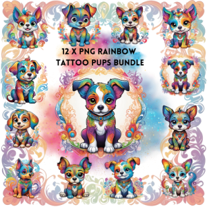 12 x PNG Rainbow Tattoo Pups Bundle