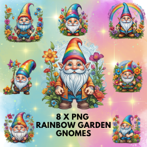 8 x PNG Rainbow Garden Gnomes Clipart Bundle β Cute, Whimsical, Fantasy Gnome Illustrations for Sublimation & Crafts