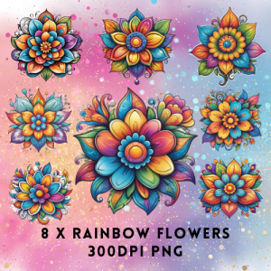 Rainbow Flower Clipart Bundle | 8 PNGs | High-Resolution 300DPI | Digital Download